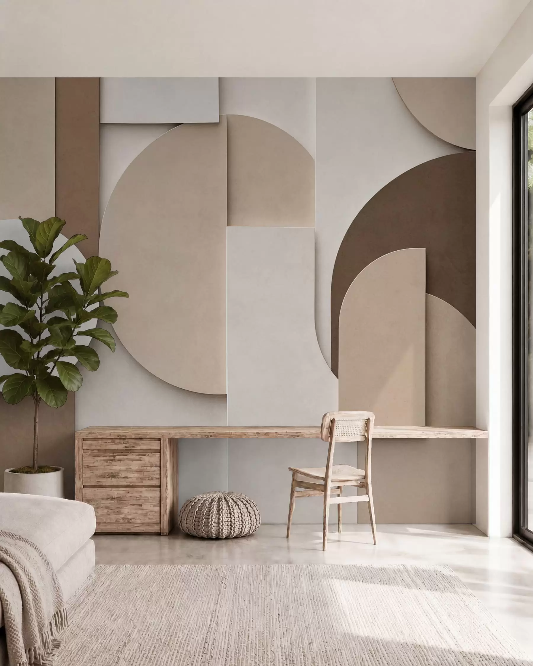 Fototapet Texturované béžové geometrické tvary ve vrstvené 3D kompozici, minimalistická moderní nástěnná dekorace w05598