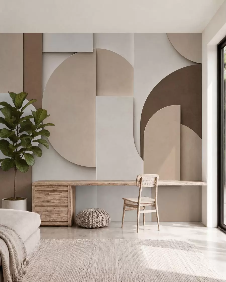 Fototapet Texturované béžové geometrické tvary ve vrstvené 3D kompozici, minimalistická moderní nástěnná dekorace w05598