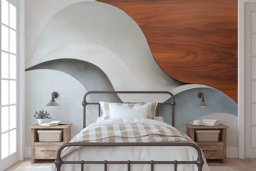 Fototapet Plynulé abstraktní vlny s teplými dřevěnými akcenty, minimalistický moderní design w05599