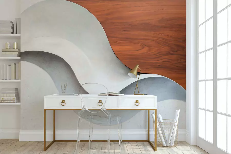 Fototapet Plynulé abstraktní vlny s teplými dřevěnými akcenty, minimalistický moderní design w05599