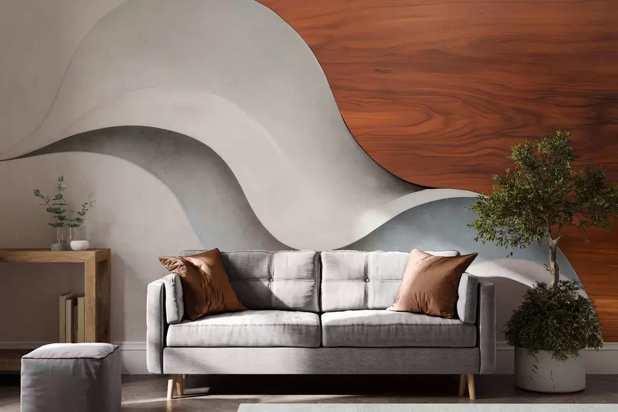 Fototapet Plynulé abstraktní vlny s teplými dřevěnými akcenty, minimalistický moderní design w05599