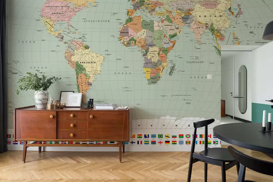 Fototapet Barevná politická mapa světa s vlajkami, v ukrajinštině c00004ukv1