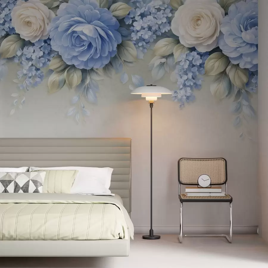 Fototapet Jemné růže a květinové kytice v botanické kompozici inspirované porcelánem, s jemně vrstvenými okvětními lístky a elegantními, vlnícími se listy w05495