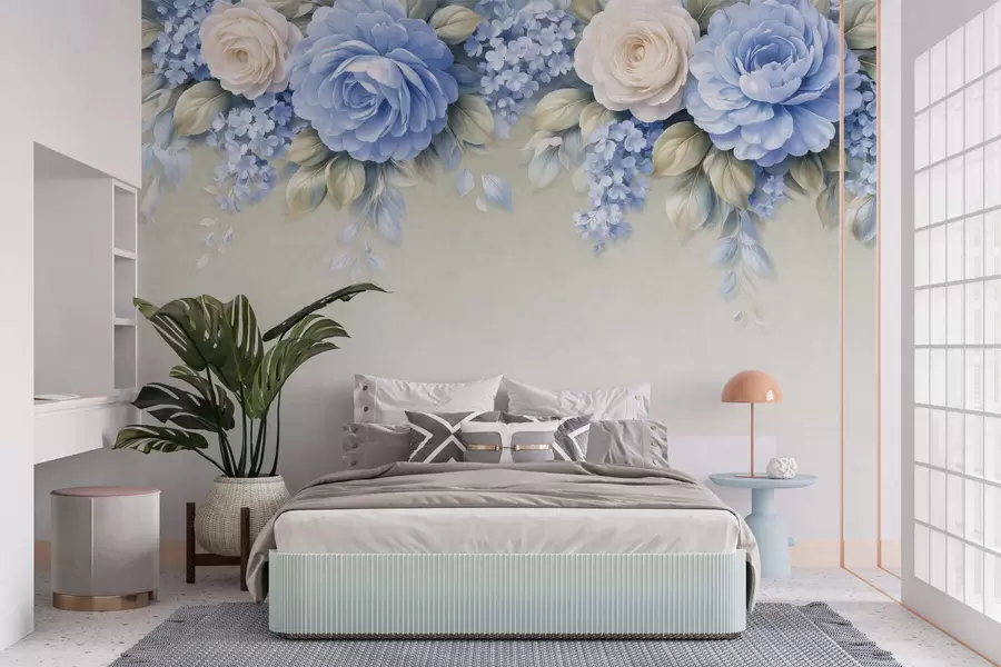 Fototapet Jemné růže a květinové kytice v botanické kompozici inspirované porcelánem, s jemně vrstvenými okvětními lístky a elegantními, vlnícími se listy w05495