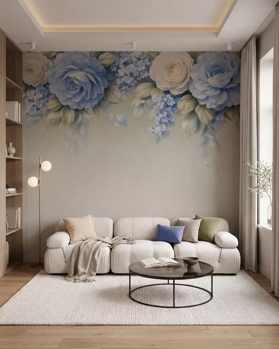 Fototapet Jemné růže a květinové kytice v botanické kompozici inspirované porcelánem, s jemně vrstvenými okvětními lístky a elegantními, vlnícími se listy w05495
