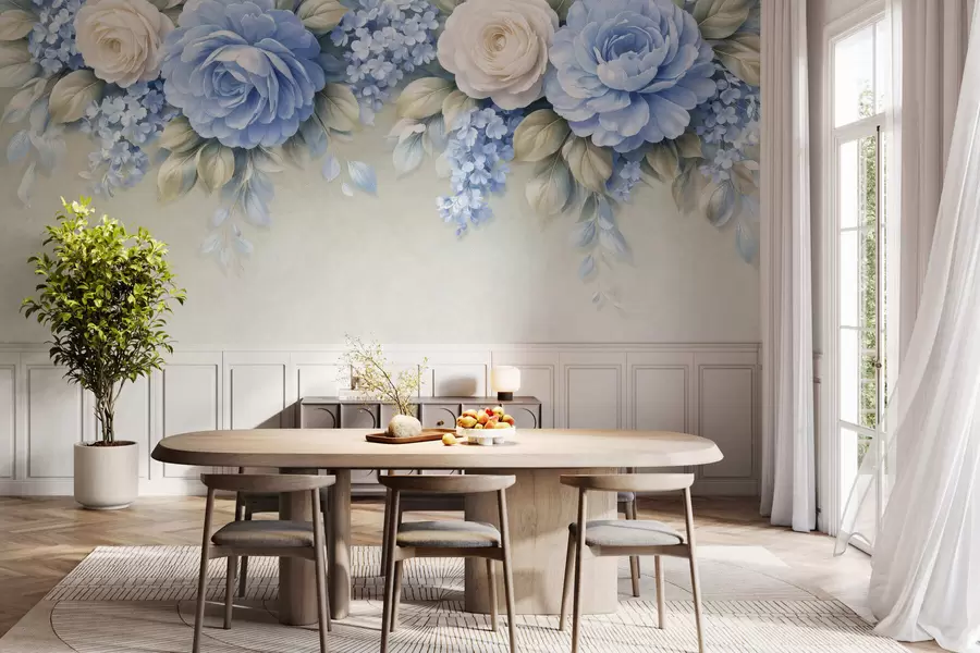 Fototapet Jemné růže a květinové kytice v botanické kompozici inspirované porcelánem, s jemně vrstvenými okvětními lístky a elegantními, vlnícími se listy w05495