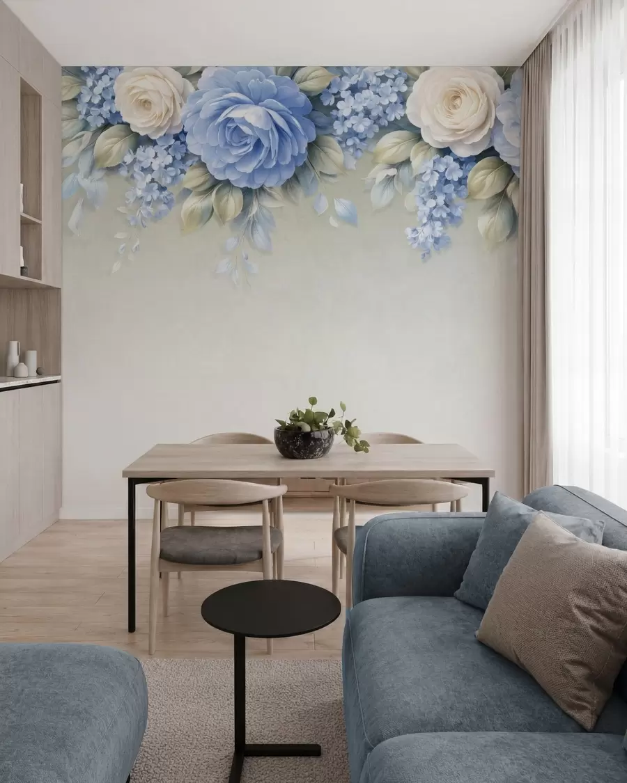 Fototapet Jemné růže a květinové kytice v botanické kompozici inspirované porcelánem, s jemně vrstvenými okvětními lístky a elegantními, vlnícími se listy w05495