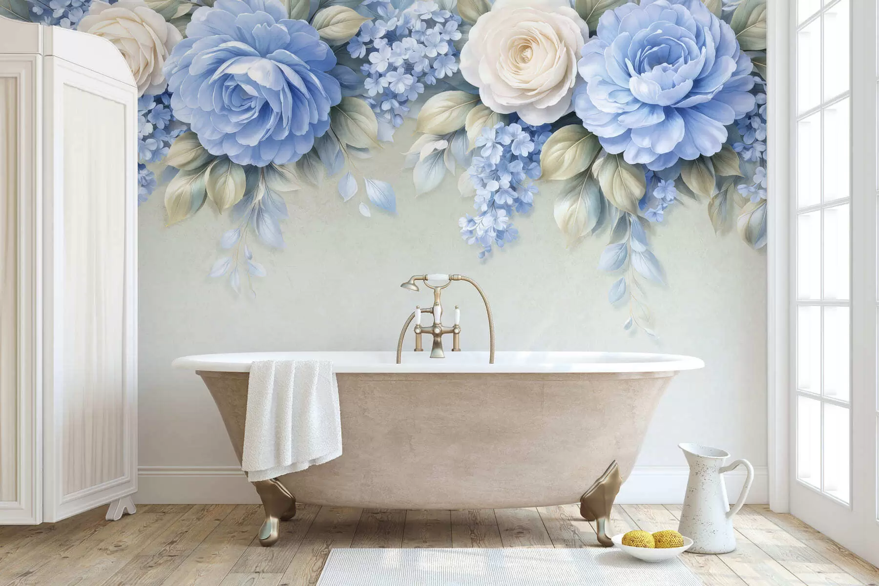 Fototapet Jemné růže a květinové kytice v botanické kompozici inspirované porcelánem, s jemně vrstvenými okvětními lístky a elegantními, vlnícími se listy w05495