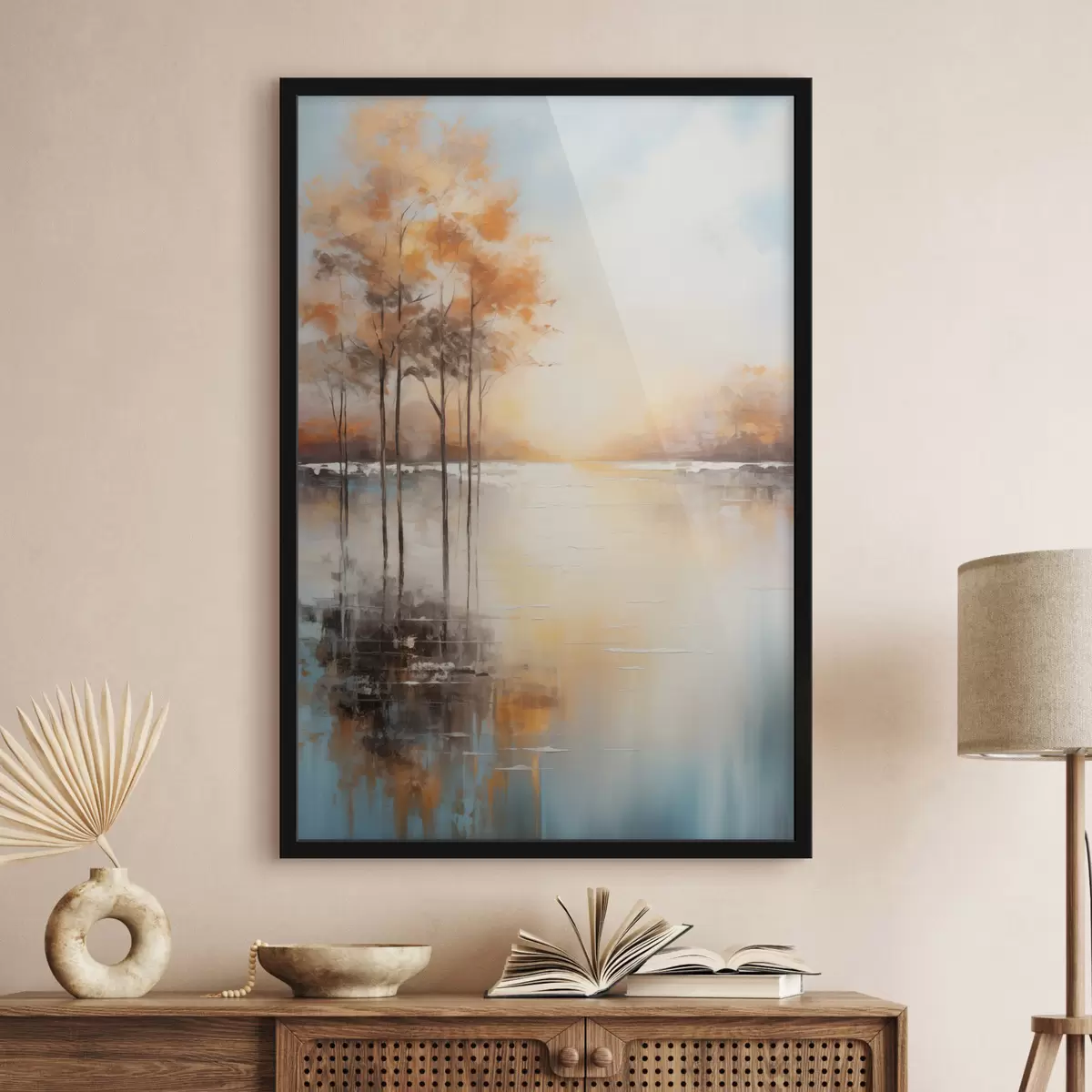 Poster Krajina, stromy s oranžovými listy, jezero, slunce v pozadí f49152