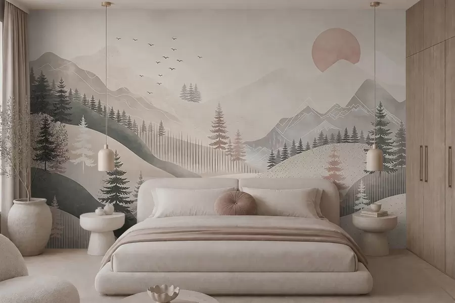 Fototapet Minimalistická horská krajina s borovicemi w05626