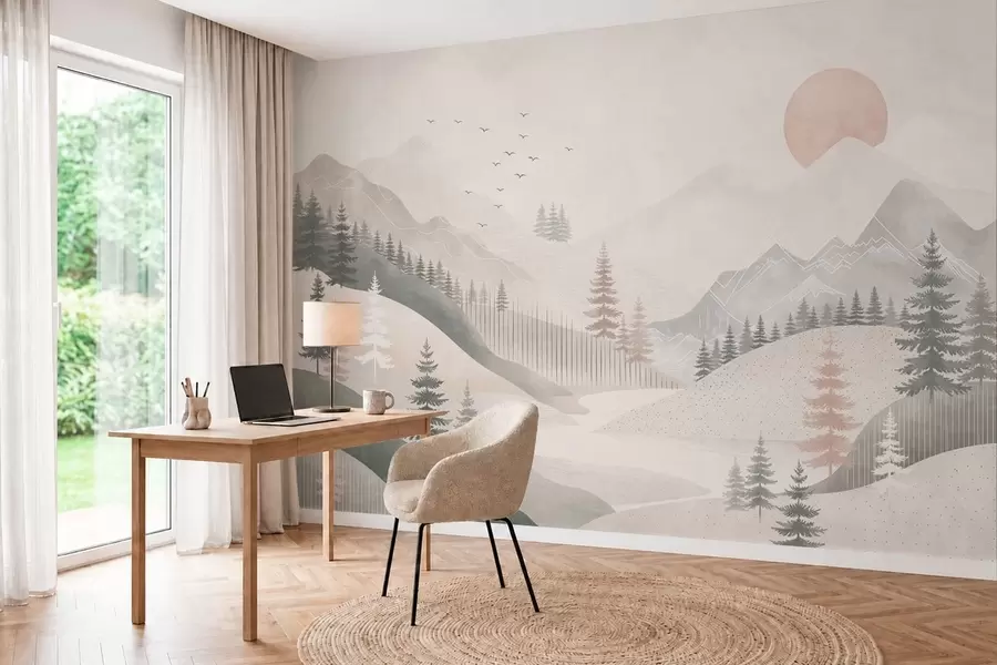 Fototapet Minimalistická horská krajina s borovicemi w05626