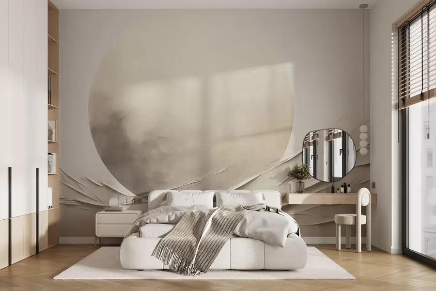 Fototapet Abstraktní, vlnící se, krémově zbarvené tvary s velkou, bledou koulí; minimalistické moderní umění w09895