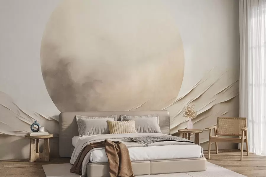 Fototapet Abstraktní, vlnící se, krémově zbarvené tvary s velkou, bledou koulí; minimalistické moderní umění w09895