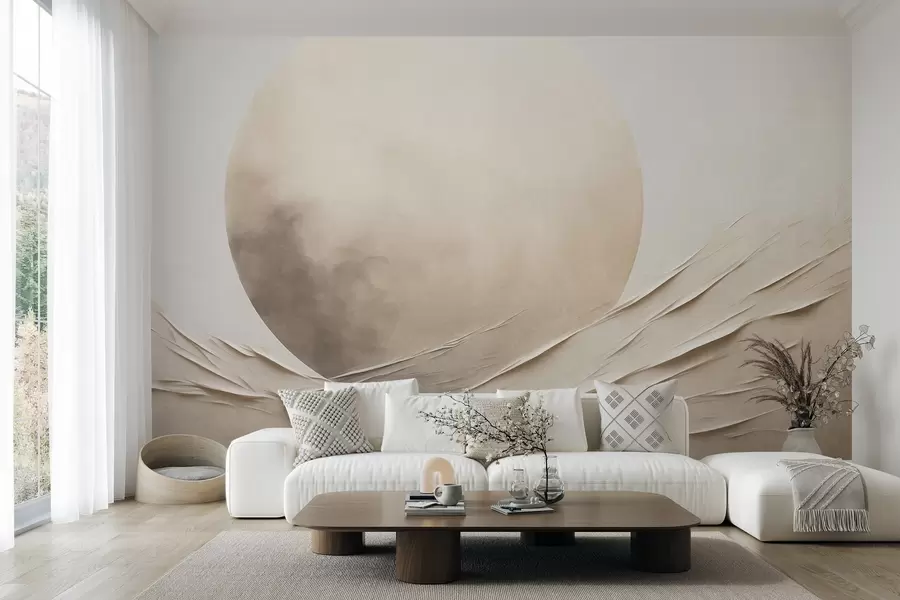 Fototapet Abstraktní, vlnící se, krémově zbarvené tvary s velkou, bledou koulí; minimalistické moderní umění w09895