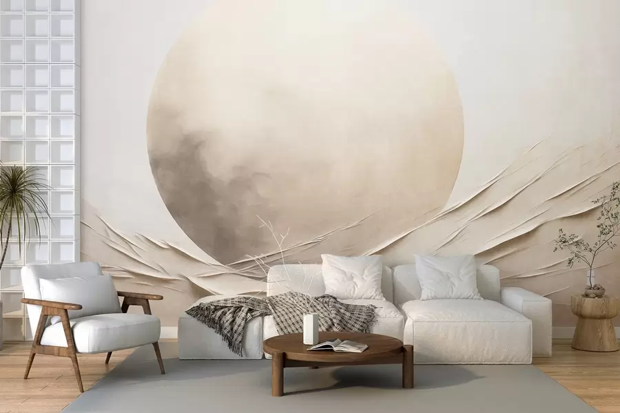 Fototapet Abstraktní, vlnící se, krémově zbarvené tvary s velkou, bledou koulí; minimalistické moderní umění w09895