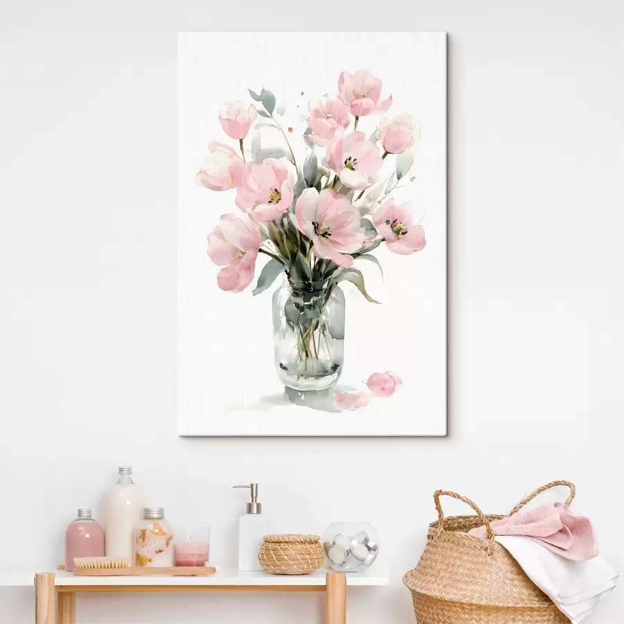 Obraz Jemné růžové tulipány ve váze, ve stylu akvarelu Č. s49226