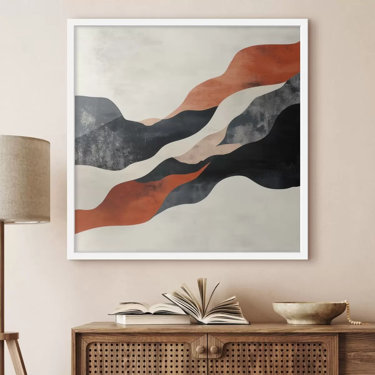 Poster Abstraktní zvlněná krajina v kontrastní paletě terakotových a tmavě modrých odstínů f48881