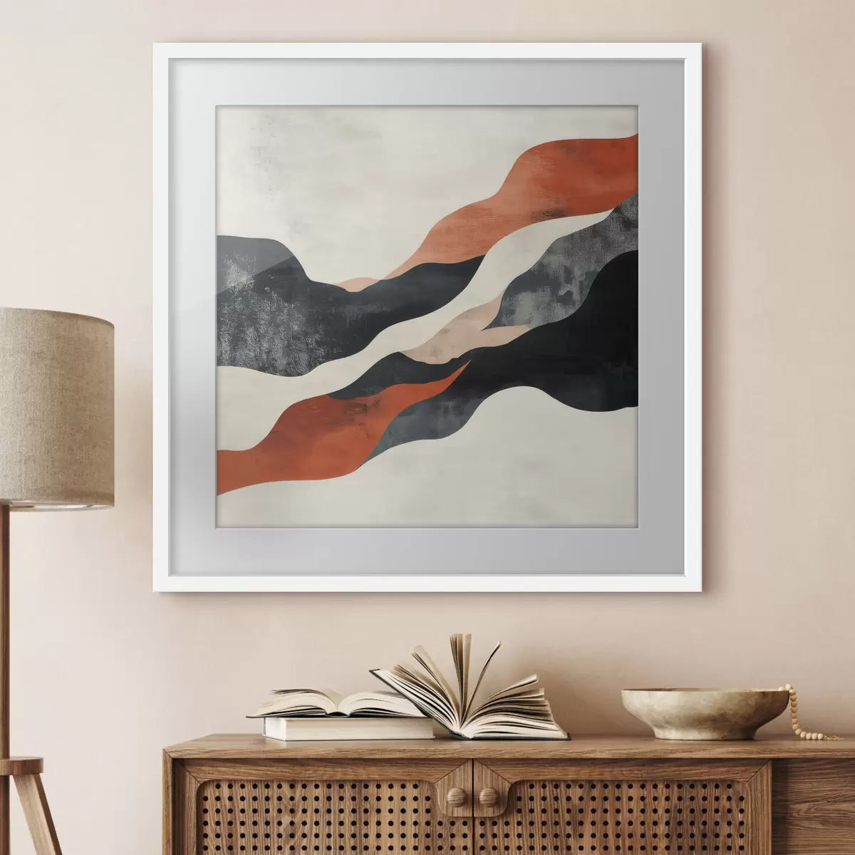 Poster Abstraktní zvlněná krajina v kontrastní paletě terakotových a tmavě modrých odstínů f48881
