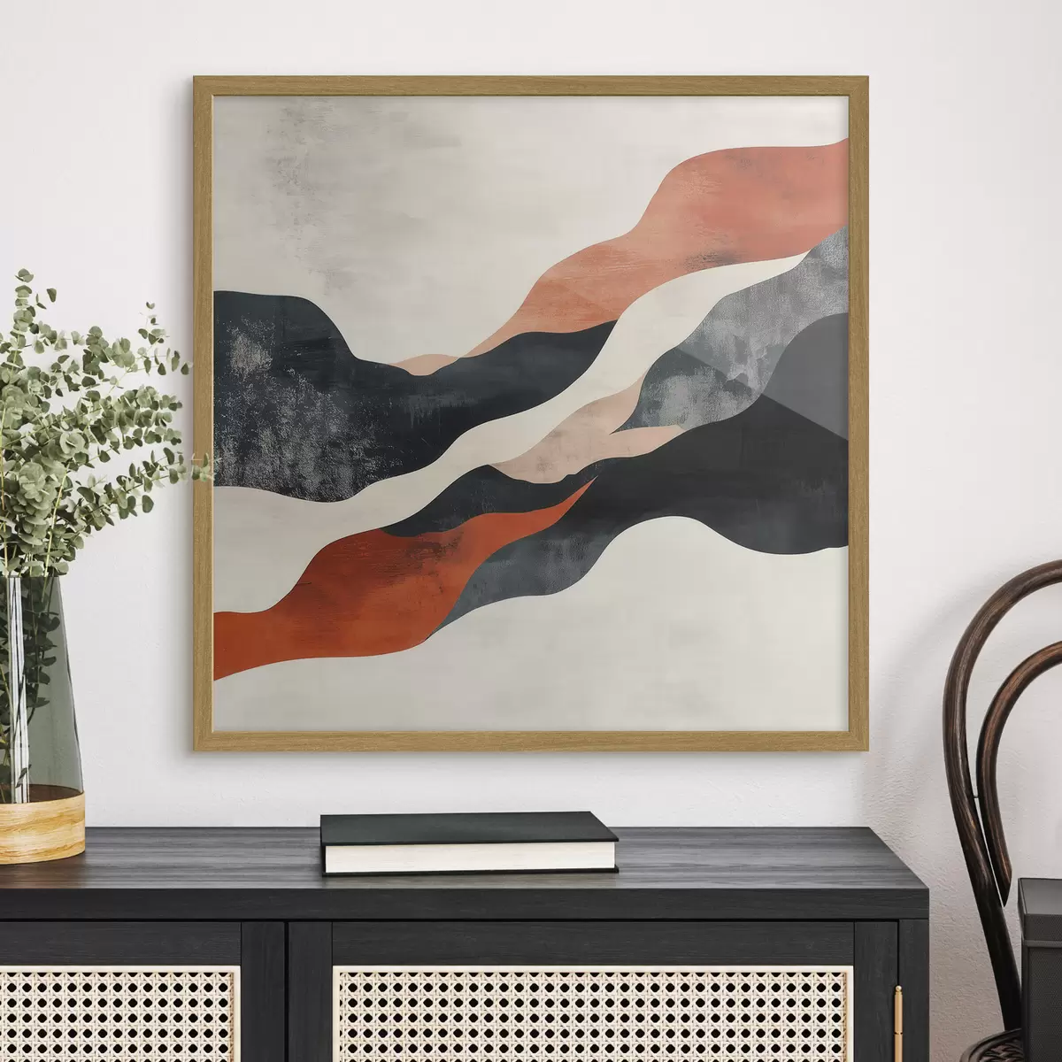 Poster Abstraktní zvlněná krajina v kontrastní paletě terakotových a tmavě modrých odstínů f48881