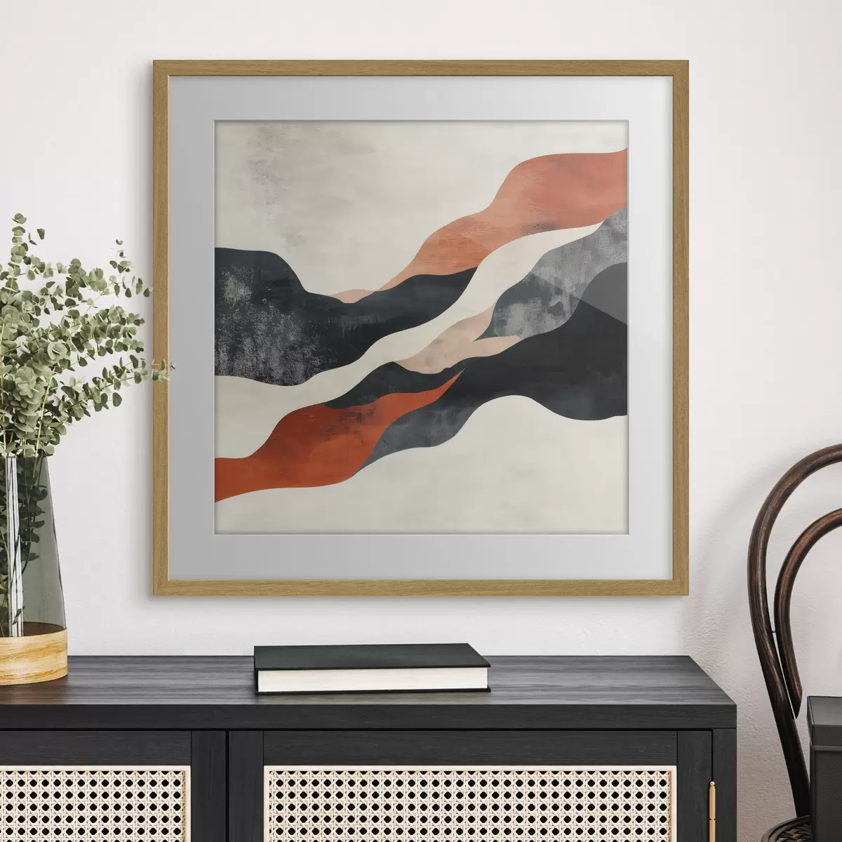 Poster Abstraktní zvlněná krajina v kontrastní paletě terakotových a tmavě modrých odstínů f48881