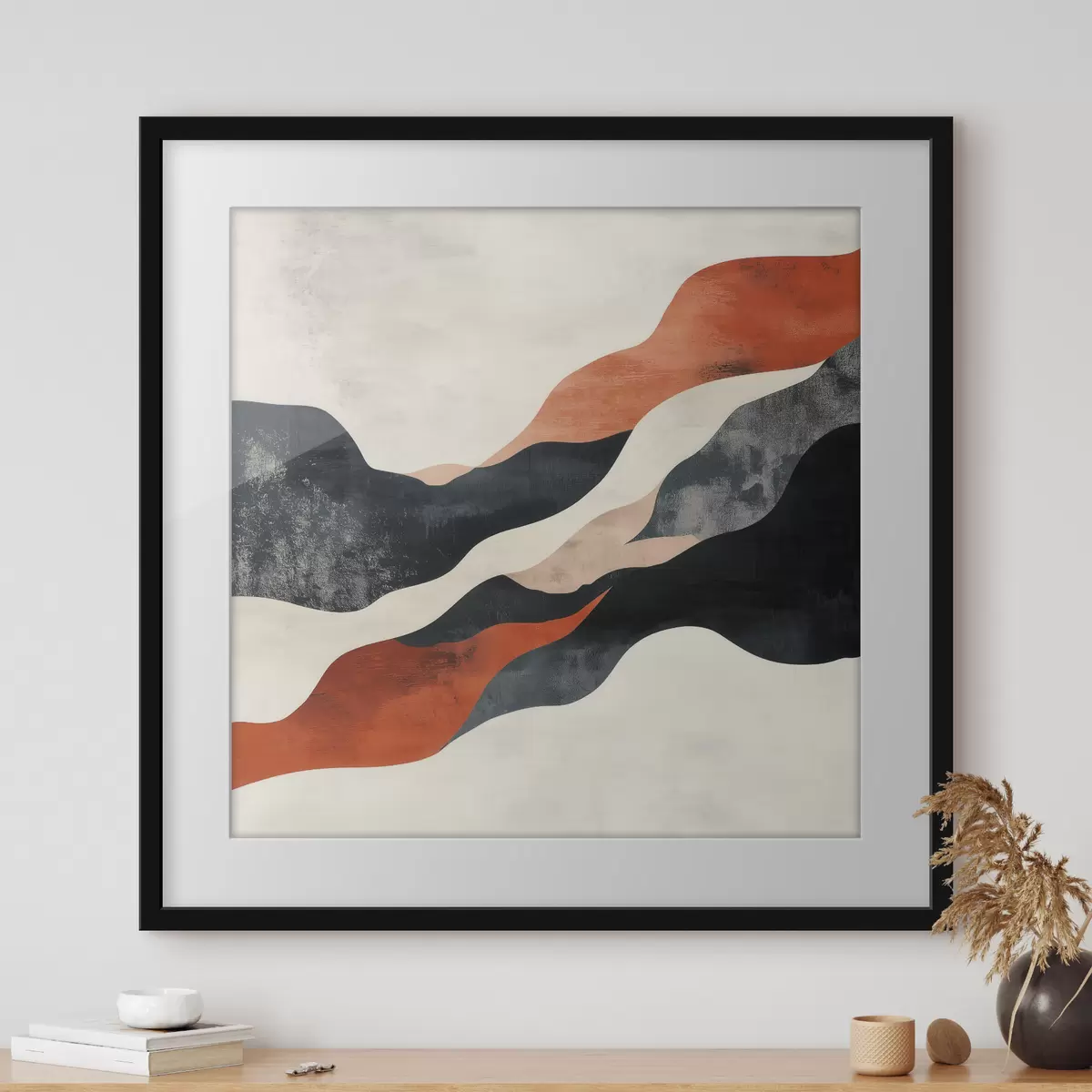 Poster Abstraktní zvlněná krajina v kontrastní paletě terakotových a tmavě modrých odstínů f48881