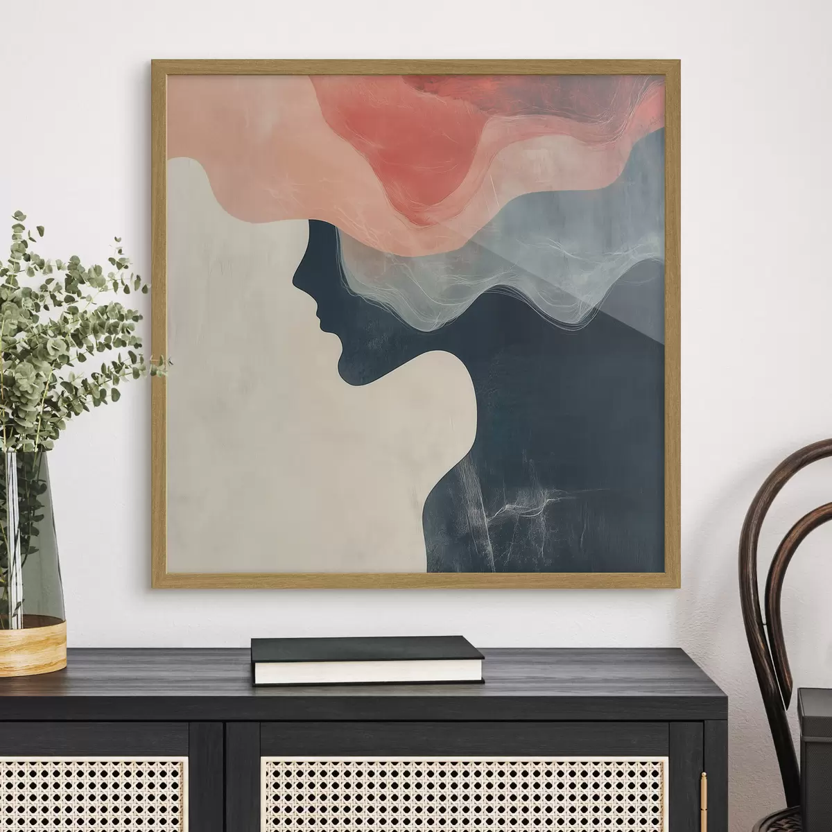 Poster Abstraktní ženská silueta s korálovými a modrými vlnami v minimalistickém stylu f48882