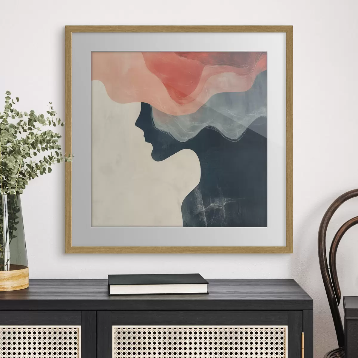 Poster Abstraktní ženská silueta s korálovými a modrými vlnami v minimalistickém stylu f48882
