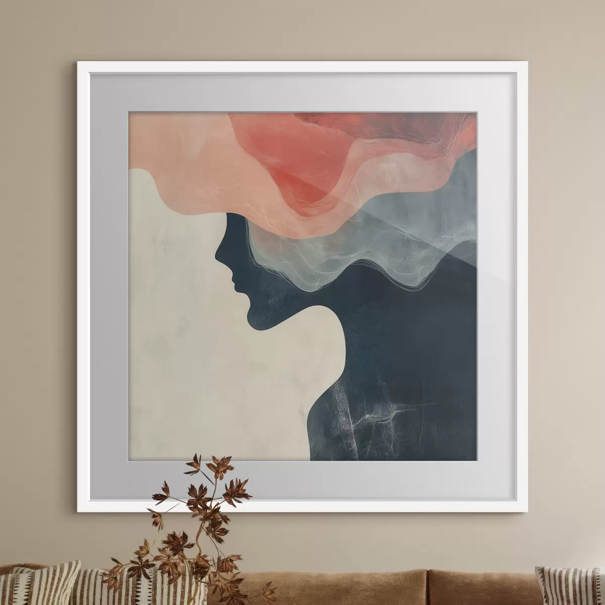 Poster Abstraktní ženská silueta s korálovými a modrými vlnami v minimalistickém stylu f48882