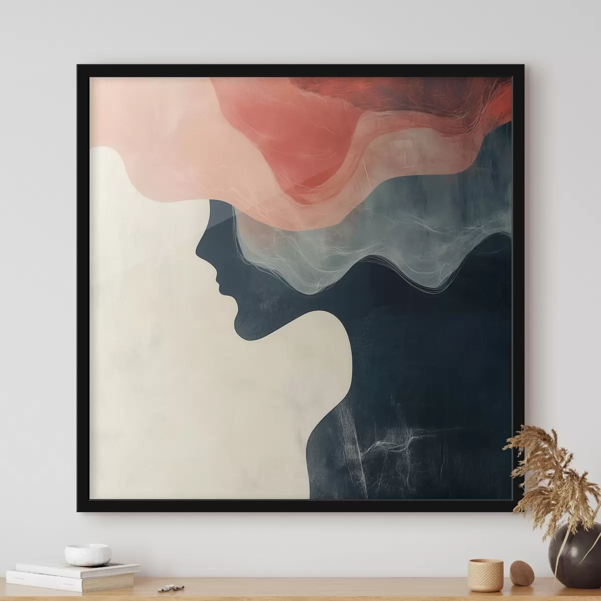 Poster Abstraktní ženská silueta s korálovými a modrými vlnami v minimalistickém stylu f48882