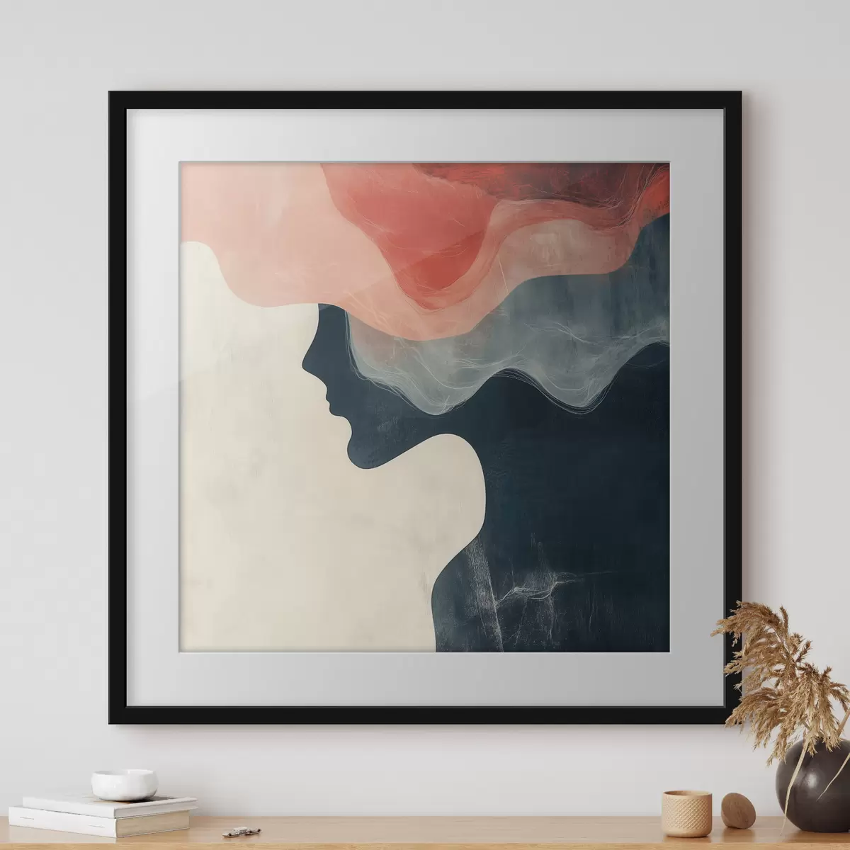 Poster Abstraktní ženská silueta s korálovými a modrými vlnami v minimalistickém stylu f48882