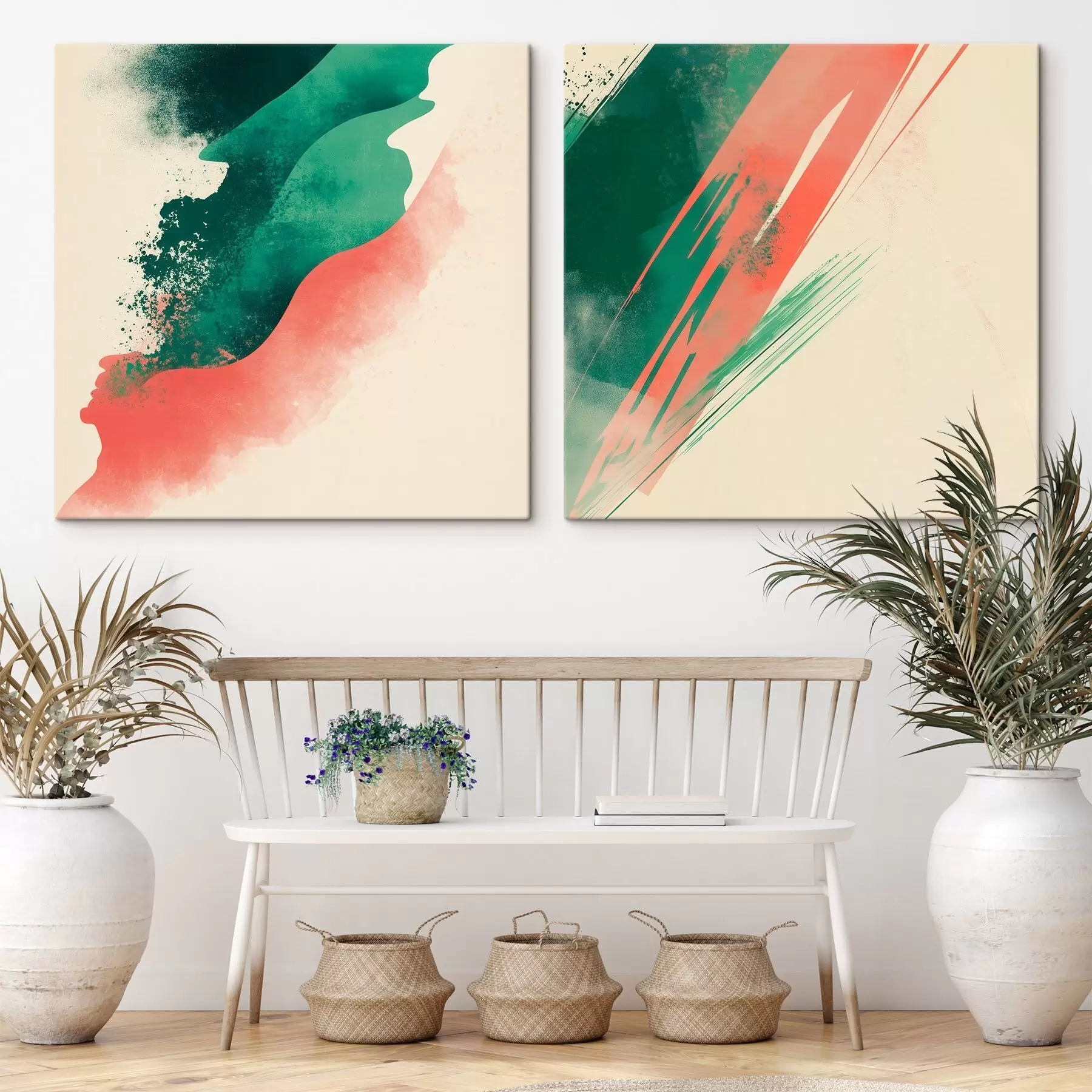Obraz Abstraktní diptych s výraznými tahy štětcem v korálové a smaragdové barvě na světlém pozadí Č. m30369