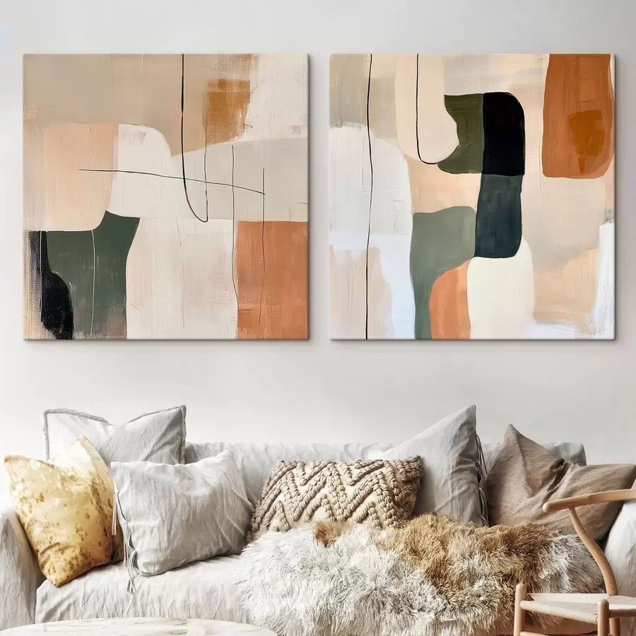 Fototapet Abstraktní geometrický diptych v teplé béžovo-terakotové barevné škále s olivovými akcenty m30371