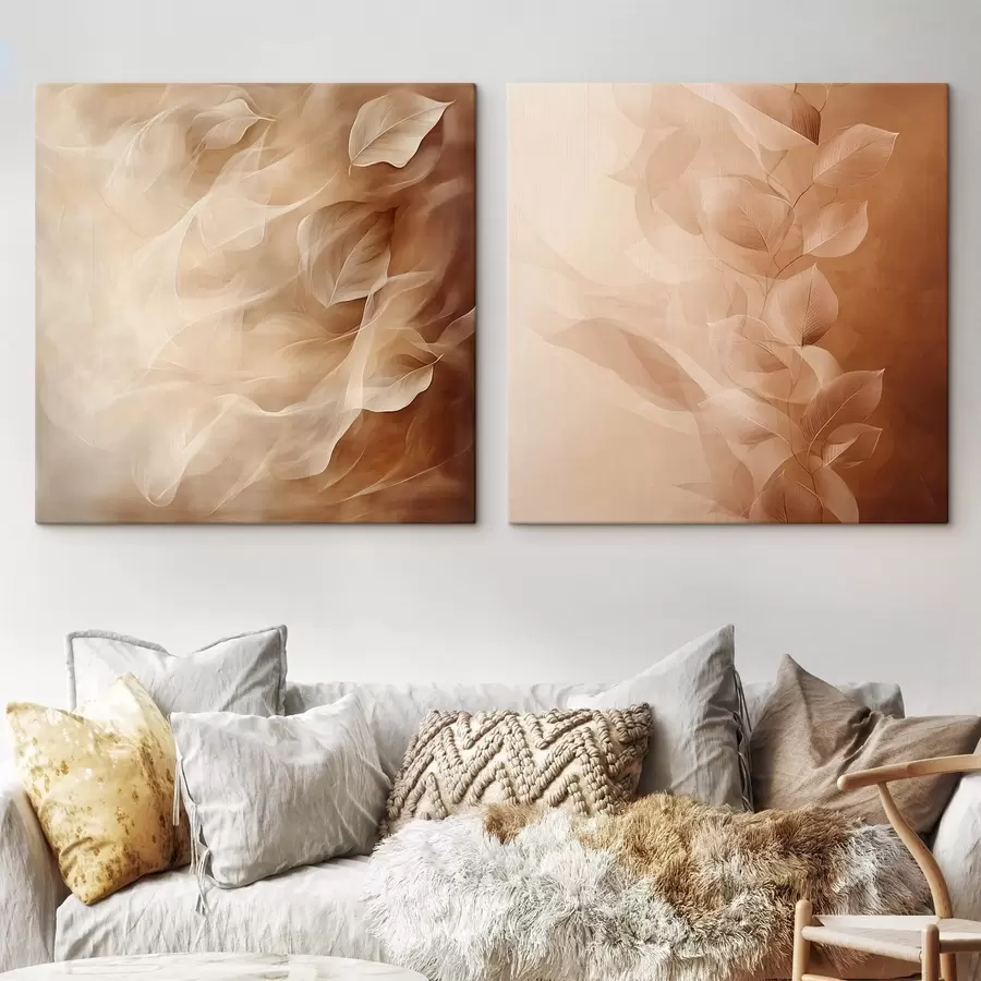 Fototapet Květinový diptych s průsvitnými listy v teplých hnědo-kávových tónech m30372