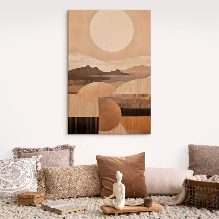 Obraz Minimalistická krajina s geometrickými tvary, hory v sépiových tónech Č. s49484