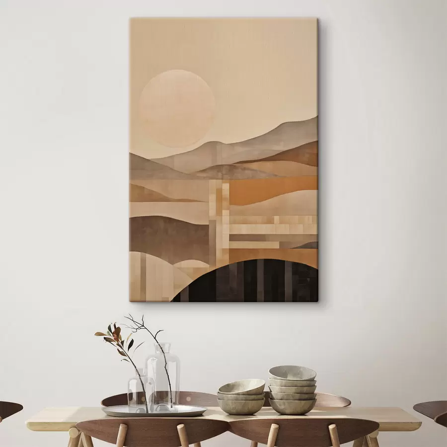 Obraz Minimalistická krajina s geometrickými tvary, hory v sépiových tónech Č. s49485