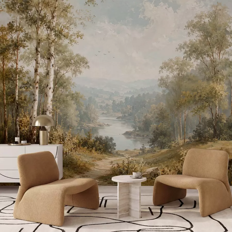 Fototapet Světlá říční krajina s břízami a mraky w05685