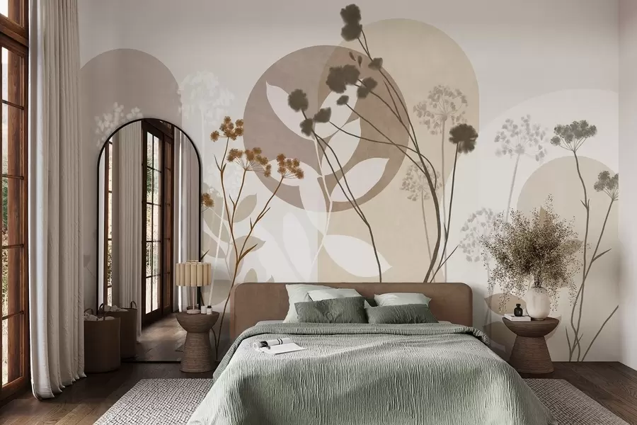 Fototapet Botanická a minimalistická kompozice ze sušených květin a listů s abstraktními geometrickými prvky w09906
