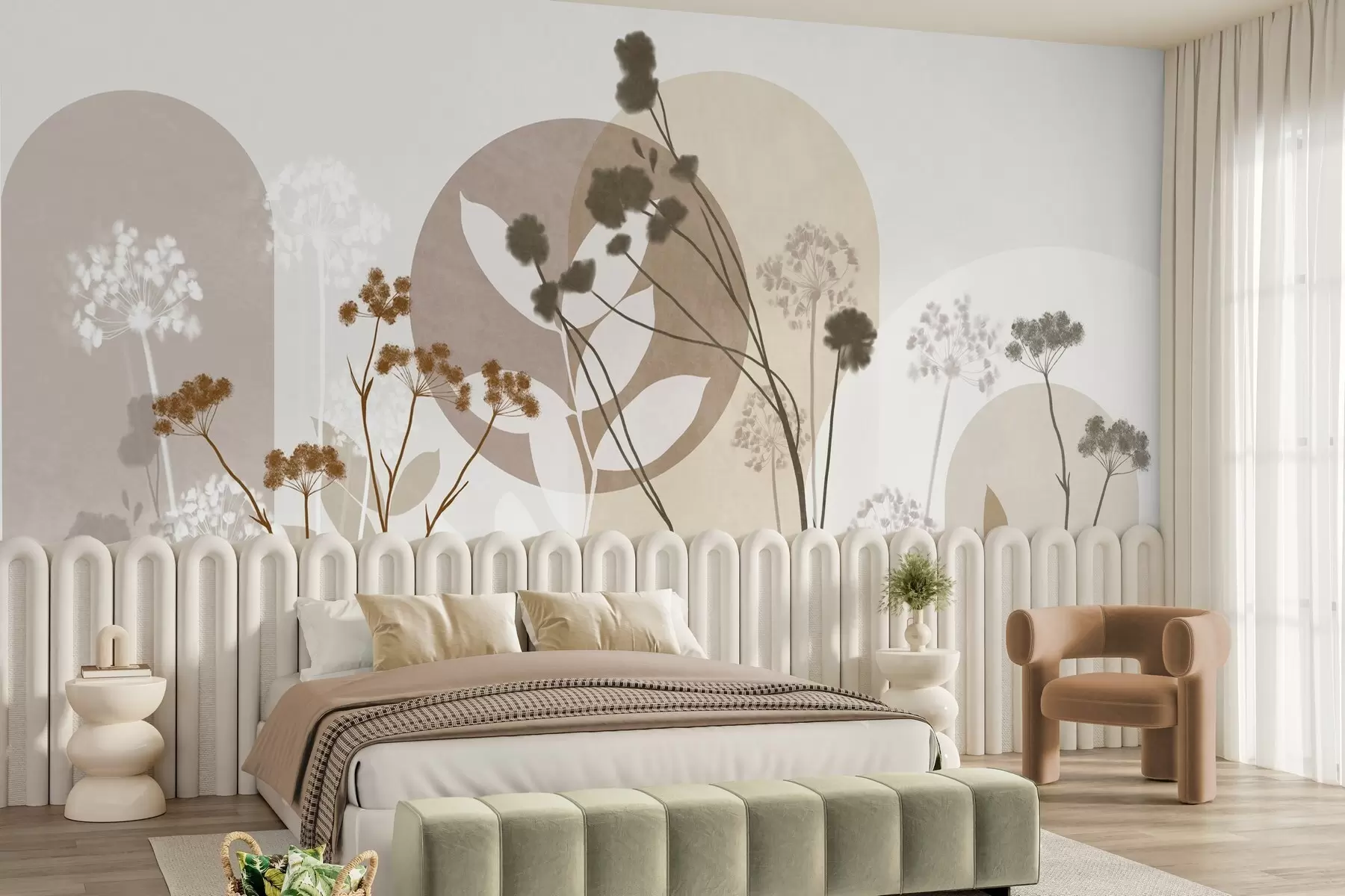 Fototapet Botanická a minimalistická kompozice ze sušených květin a listů s abstraktními geometrickými prvky w09906