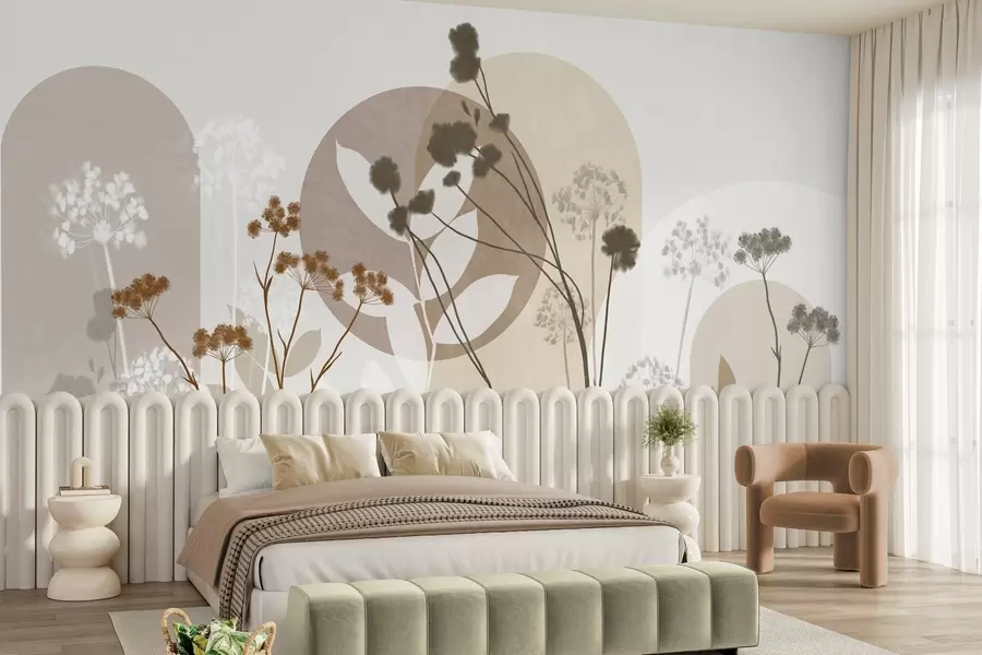 Fototapet Botanická a minimalistická kompozice ze sušených květin a listů s abstraktními geometrickými prvky w09906