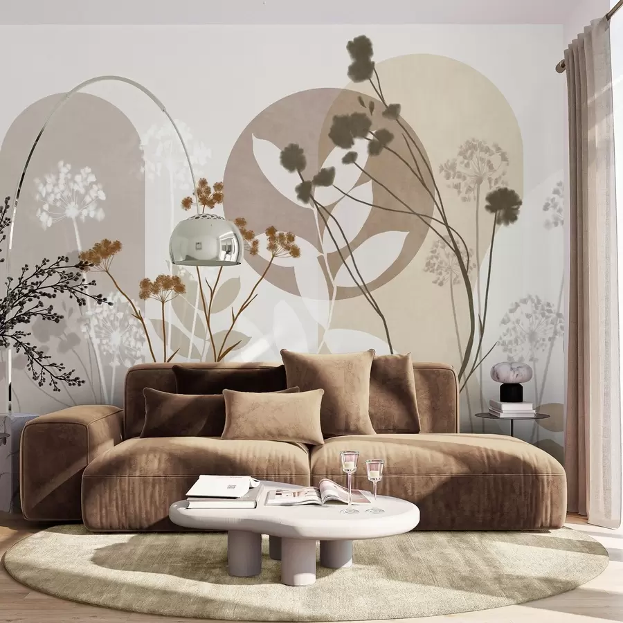 Fototapet Botanická a minimalistická kompozice ze sušených květin a listů s abstraktními geometrickými prvky w09906