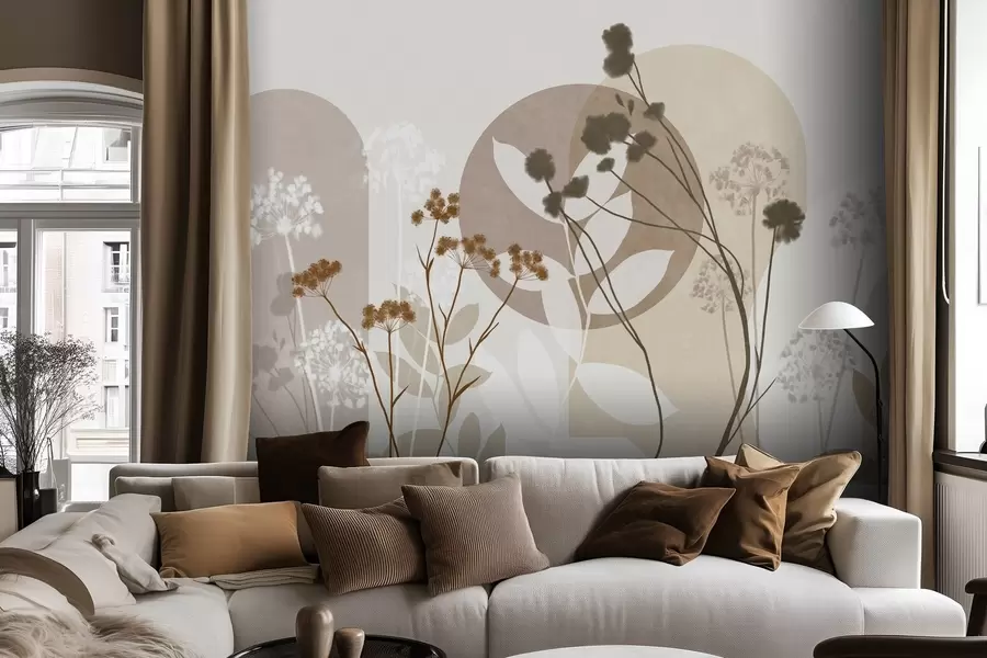 Fototapet Botanická a minimalistická kompozice ze sušených květin a listů s abstraktními geometrickými prvky w09906