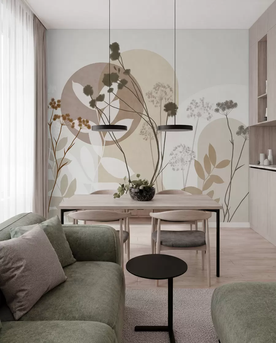 Fototapet Botanická a minimalistická kompozice ze sušených květin a listů s abstraktními geometrickými prvky w09906