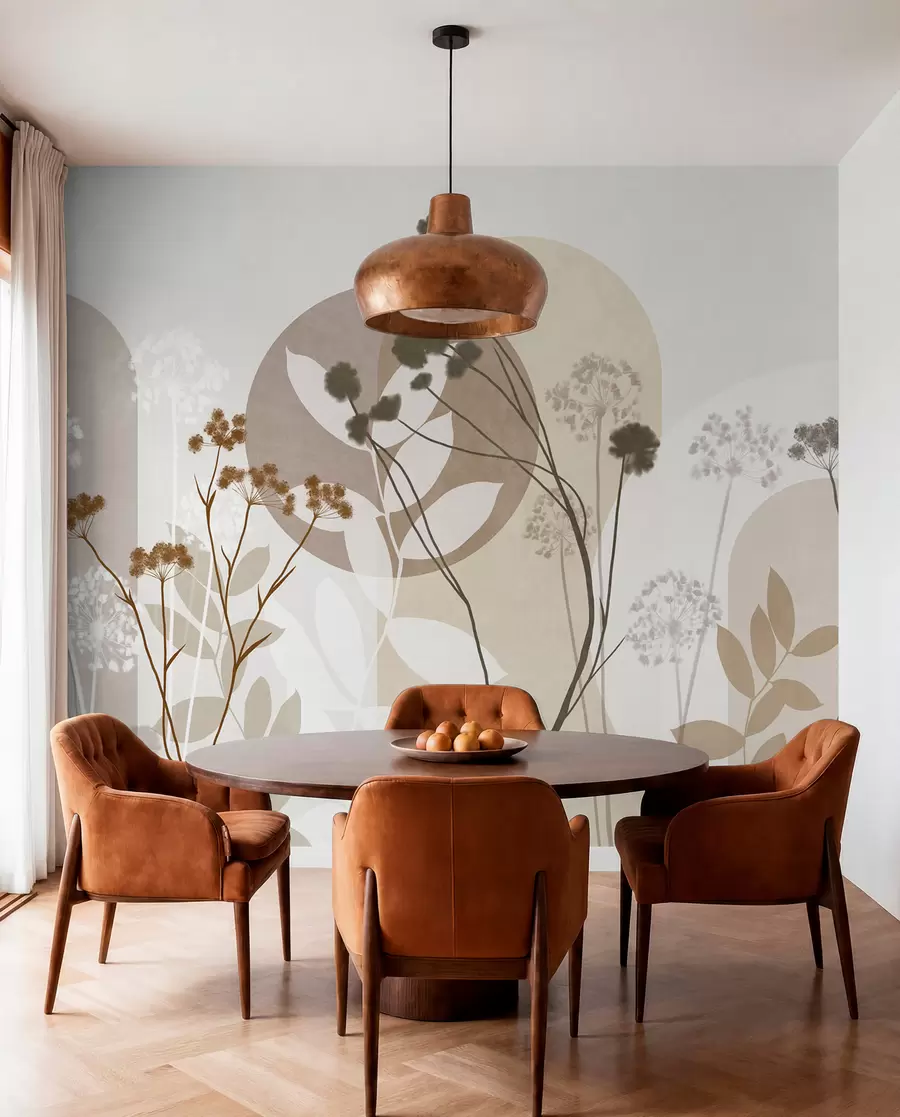 Fototapet Botanická a minimalistická kompozice ze sušených květin a listů s abstraktními geometrickými prvky w09906