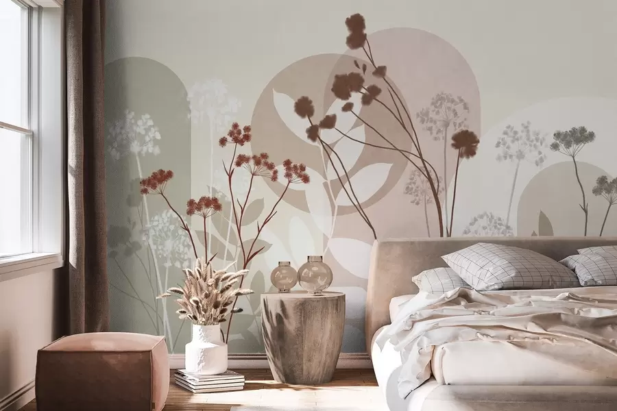 Fototapet Botanická a minimalistická kompozice ze sušených květů a listů s abstraktními geometrickými prvky w09906v1