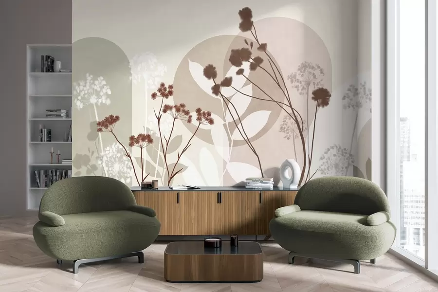 Fototapet Botanická a minimalistická kompozice ze sušených květů a listů s abstraktními geometrickými prvky w09906v1