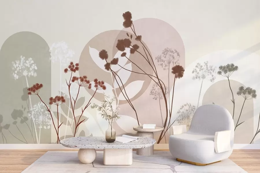 Fototapet Botanická a minimalistická kompozice ze sušených květů a listů s abstraktními geometrickými prvky w09906v1