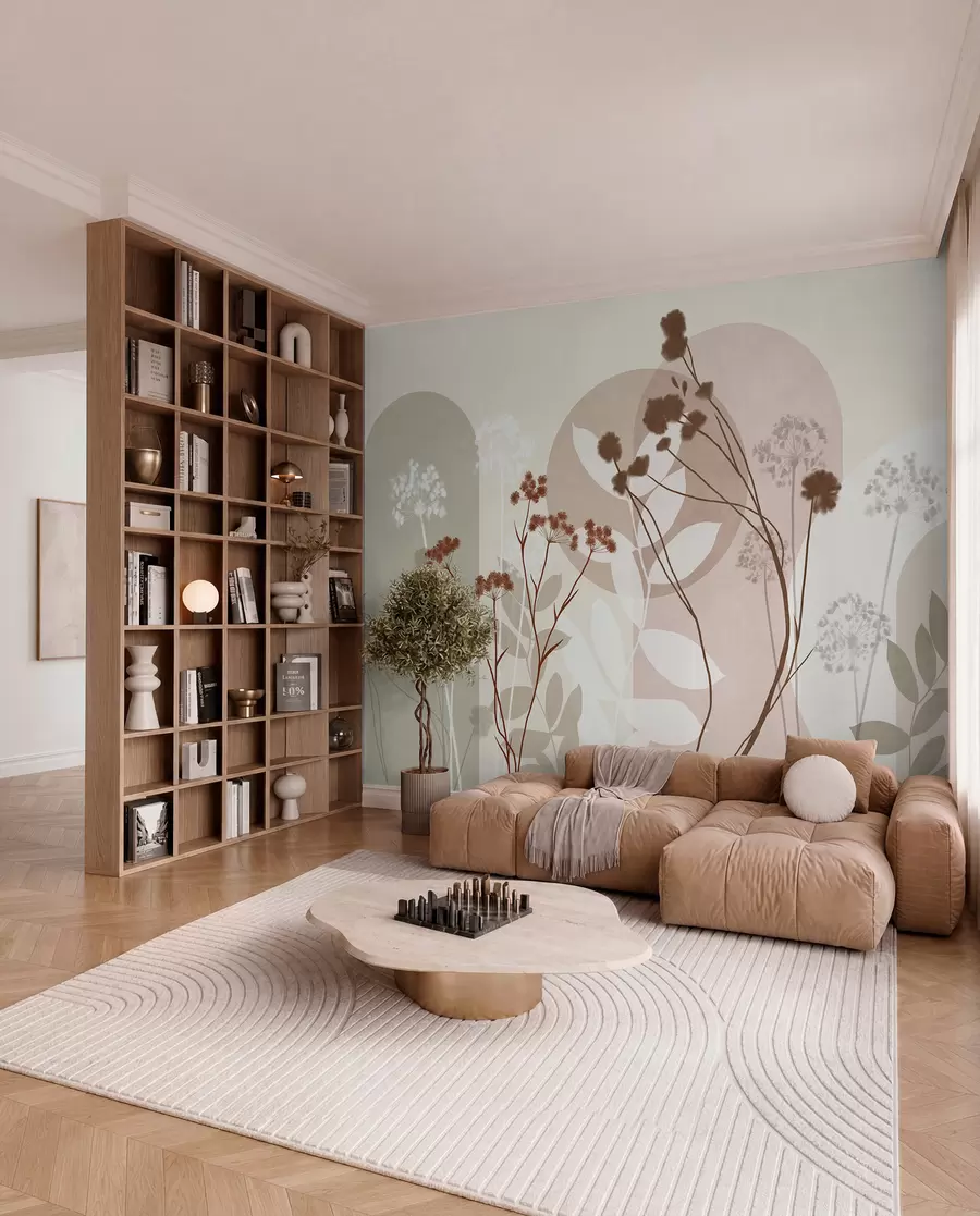 Fototapet Botanická a minimalistická kompozice ze sušených květů a listů s abstraktními geometrickými prvky w09906v1