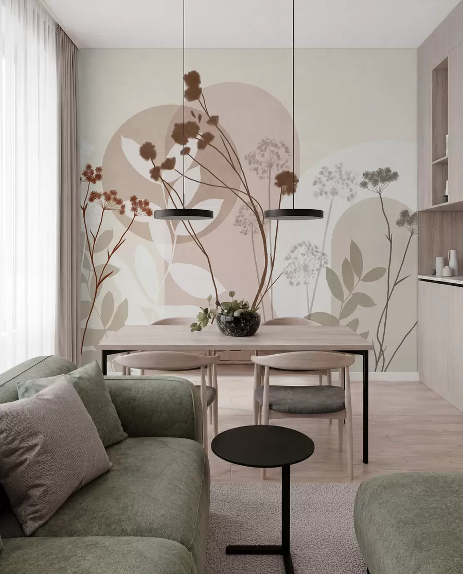 Fototapet Botanická a minimalistická kompozice ze sušených květů a listů s abstraktními geometrickými prvky w09906v1