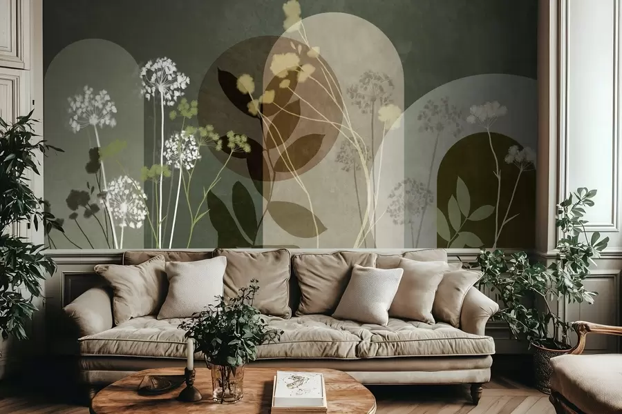 Fototapet Botanická a minimalistická kompozice ze sušených květin a listů s abstraktními geometrickými prvky w09906v2