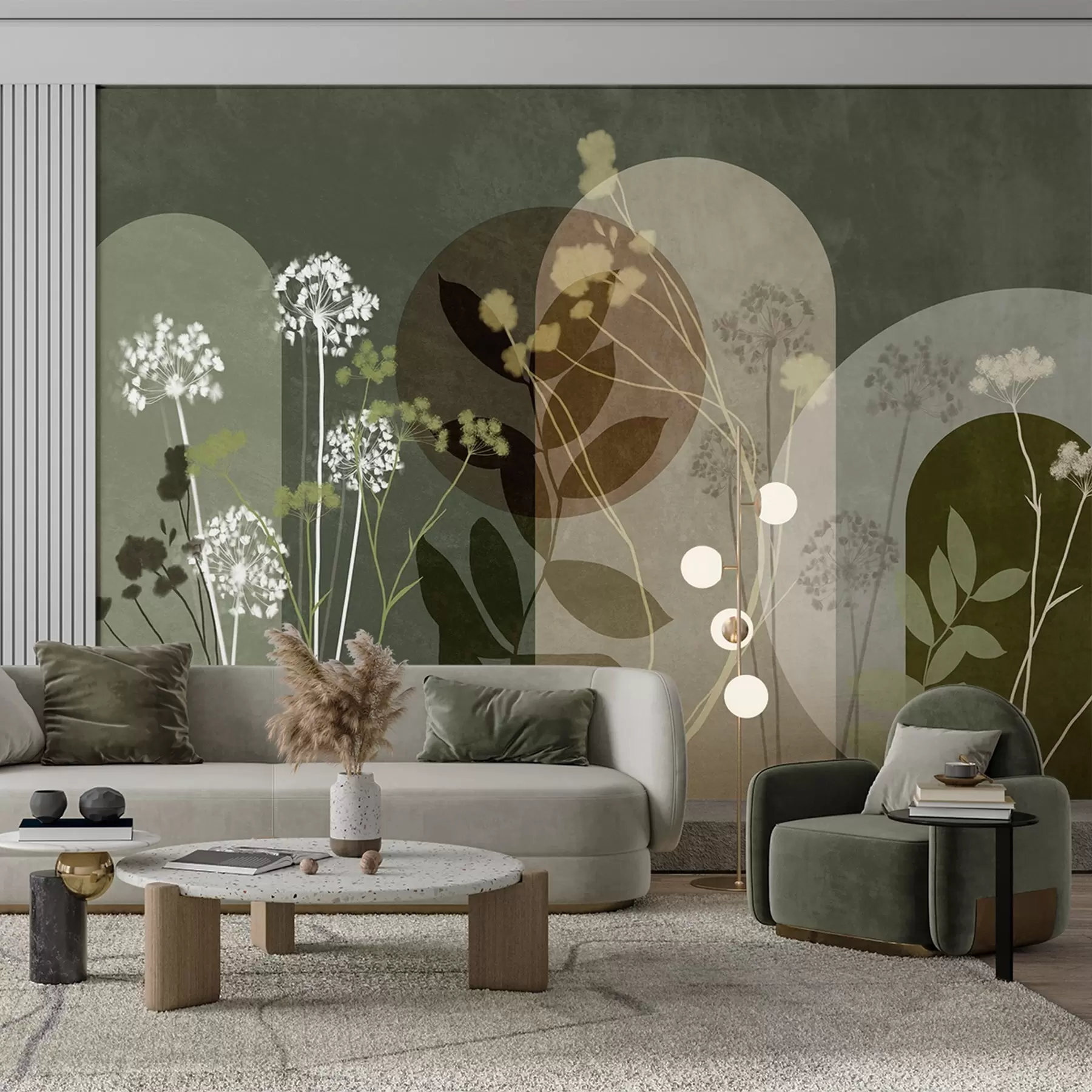 Fototapet Botanická a minimalistická kompozice ze sušených květin a listů s abstraktními geometrickými prvky w09906v2